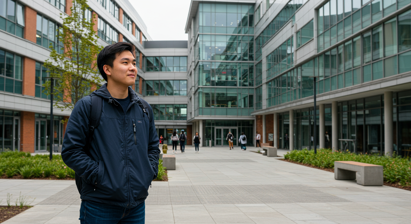 Student with a backpack looking at a university campus